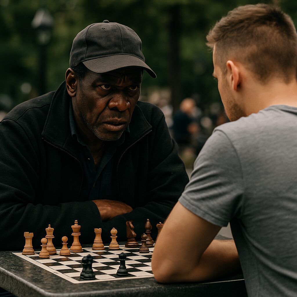 Intimidating chess hustler staring at you