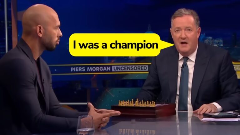 Generate a realistic AI generated image of two monkeys playing chess. The monkey at left has andrew tate head and the monkey at right has piers morgan head