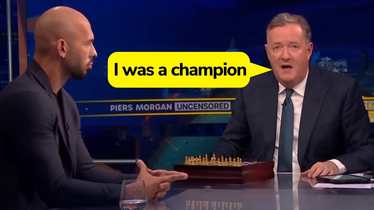 Generate a realistic AI generated image of two monkeys playing chess. The monkey at left has andrew tate head and the monkey at right has piers morgan head