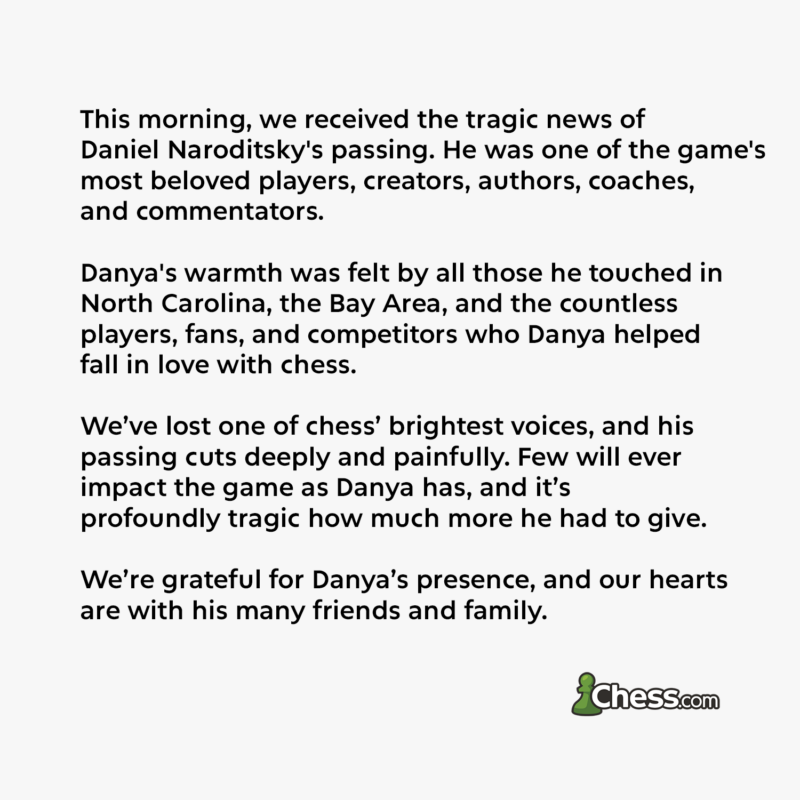 daniel naroditsky dead official statement from chesscom